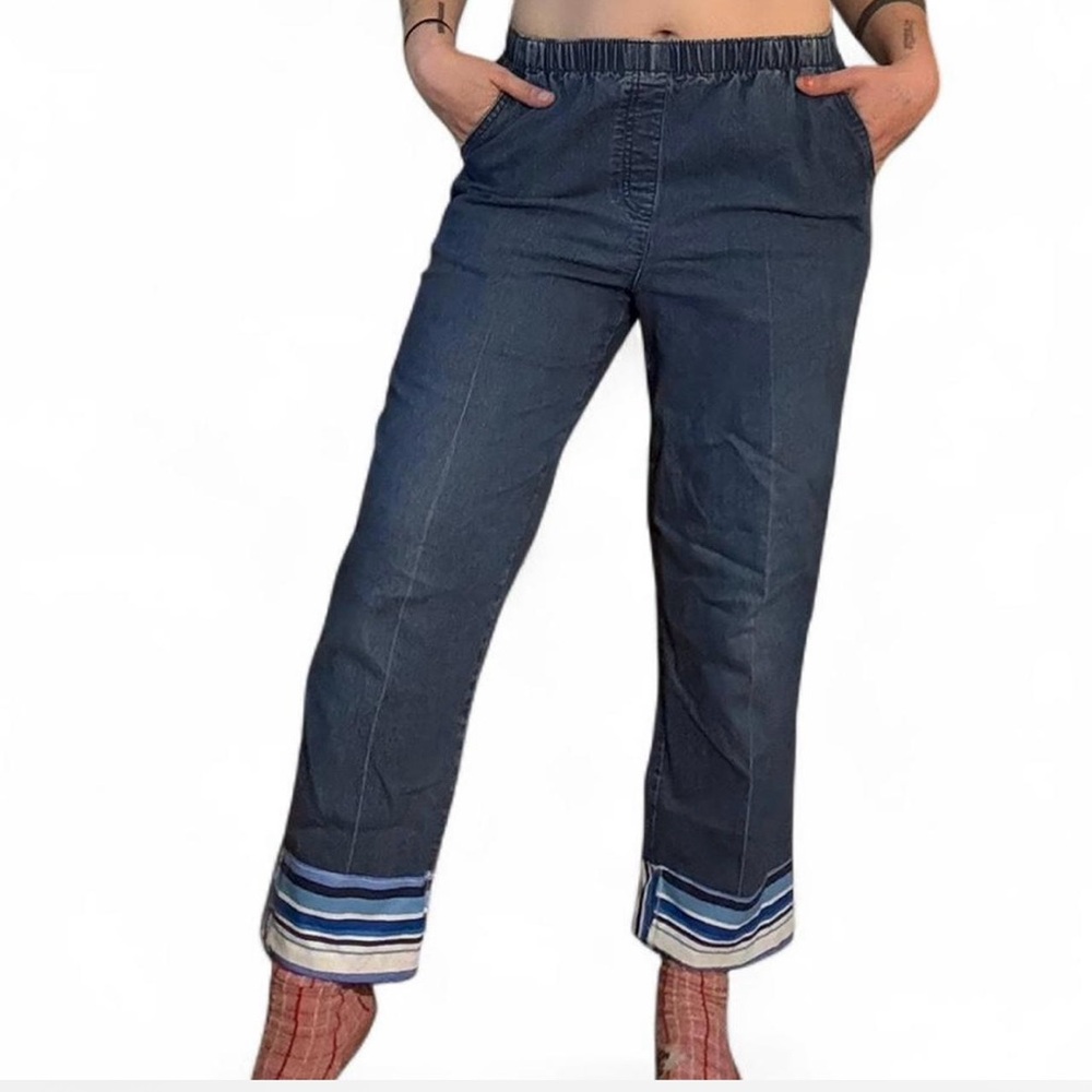 Stylish Blue Wide-Leg Pants with Reworked Striped Hem & Patches